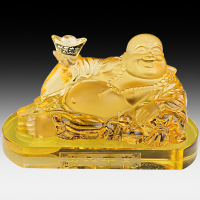 敬平弥勒佛汽车摆件车载香水座车内男饰品琉璃佛像车上车用 琉璃元宝笑佛[金色]带底座 平挂摆件