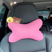 敬平卡通可爱汽车头枕排挡套手刹套后视镜套安全护肩带套女士车内饰品 鸡+熊(冰丝头枕)一个粉色 平