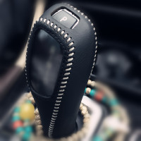 敬平适用X1 3系 5系GTX3 X5 X6 电子档皮 排档套档位套挡把杆套 黑皮白线 平排档/手刹套换挡手刹套