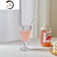 HAOYANGDAOcreamy day*ins风北欧透明高脚杯法式复古浮雕玻璃杯红酒杯香槟杯 菱纹高脚玻璃杯+玻璃吸管