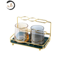 HAOYANGDAO牙刷杯情侣一对创意漱口杯套装牙杯简约家用洗漱杯子刷牙杯置物架 SK18-绿金色杯架+玻璃杯*2-琥珀