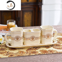 HAOYANGDAO欧式陶瓷卫浴五件套浴室漱口子轻奢卫生间洗漱杯牙刷杯子牙具套装 米色四件套小盘