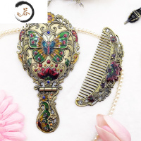 HAOYANGDAO复古金属古风镜子化妆镜折叠便携手柄镜手持少女梳子套装公主礼物 蝴蝶款——古青铜便携式用镜