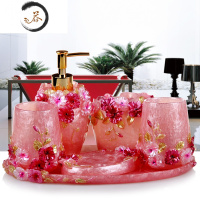 HAOYANGDAO欧式树脂卫浴五件套新婚套装北欧浴室用品创意牙具洗漱套件漱口杯 浪漫珍珠红+圆盘浴室用品套件