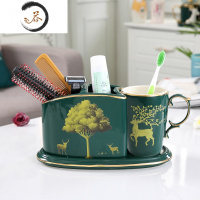 HAOYANGDAO轻奢陶瓷卫浴五件套洗漱套装浴室用品创意刷牙漱口杯牙缸牙具套件 单人套装[梅花金鹿] [绿浴室用品套件