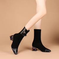 弹力靴女粗跟中筒靴2020秋冬新款拼色显瘦方头袜靴中跟大码靴子女