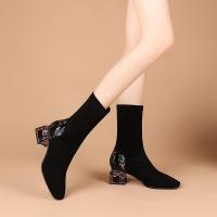 水钻粗跟弹力靴女2020秋冬新款方头大码中筒靴时尚中跟显瘦靴子女