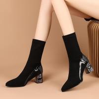 高跟弹力靴女短靴2020秋冬新款百搭亮片尖头显瘦中筒靴粗跟袜靴女