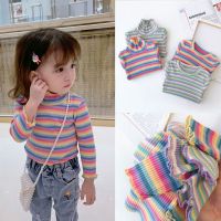珍妮羊女童打底衫加绒秋冬新款泫雅风彩虹条纹宝宝长袖T恤儿童棉上衣潮