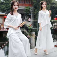 新款女装棉麻复古V领盘扣刺绣上衣+裤子(有里衬）两件套女新款女装棉麻复古V领盘扣刺绣上衣+裤子(有里衬）两件套女