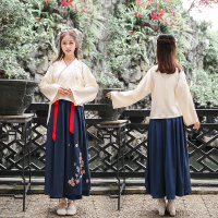 原创新款女装复古重工刺绣V领长袖上衣+裙子汉服套装女