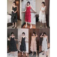 女装2020年新款韩版法式v领设计感吊带裙波点碎花裙连衣裙子