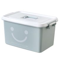 特大号收纳箱塑料衣服整理箱加厚清仓大号收纳盒有盖衣物储物箱子|灰蓝色笑脸 30L手提：长42宽28高25厘米