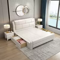 锐取 床 现代中式1.8米双人床主卧室实木皮软包床1.5米现代简约高箱储物床软靠皮床婚床