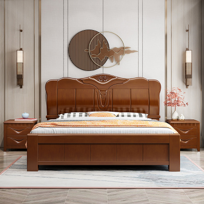 锐取 床 现代中式实木床1.8米双人床主卧室经济型简约高箱储物床婚床工厂直销卧室精品家具床