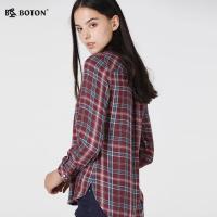 波顿/BOTON 新秋冬装女士长袖格子衬衫枣红蓝格女衬衫
