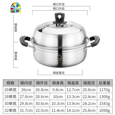 蒸锅304不锈钢家用复底加厚单层大容量海鲜汽蒸锅30cm鱼锅桑拿锅 FENGHOU 30cm复底汤蒸锅