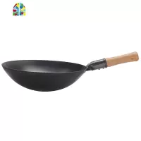 木柄无涂层老式铁锅熟铁炒锅锅饭店用厨师铁炒勺家用炒锅43CM FENGHOU 木柄43圆底+耳