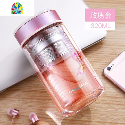 双层玻璃杯办公室茶杯网红透明高颜值水杯女ins便携隔热保温杯子 FENGHOU -380ML主图款