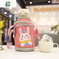 学生创意企鹅保温杯带吸管大容量双盖带布套儿童水壶宝宝喝水杯子 FENGHOU 蓝色600ML送杯刷