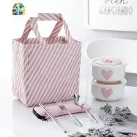 陶瓷便当盒饭盒学生女可爱餐盒带盖餐具易清洗微波炉专用食堂简约 FENGHOU 2个鸡蛋款(500ml)+保温袋+餐具