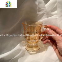ins 复古琥珀色玻璃杯浮高脚杯茶杯水杯vintage洋酒杯摆拍背景 FENGHOU