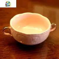 公主粉色金边双耳碗欧式浮陶瓷 奶汤碗 汤盅甜品碗 FENGHOU 粉色金边双耳碗+6寸圆盘+金勺