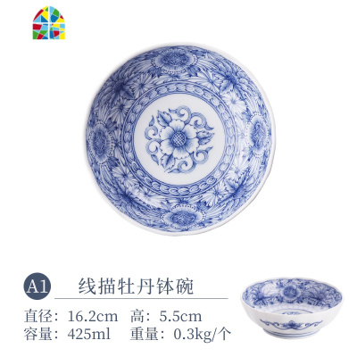 蓝凛堂浅钵碗釉下彩陶瓷碗拉面大碗家用日式餐具汤碗面碗饭碗 FENGHOU 高丽草花(浅盘)