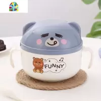 [双柄]学生泡面碗宿舍带碗盖不锈钢大容量吃饭碗家用防烫 FENGHOU [浅灰色-双耳柄]-萌熊
