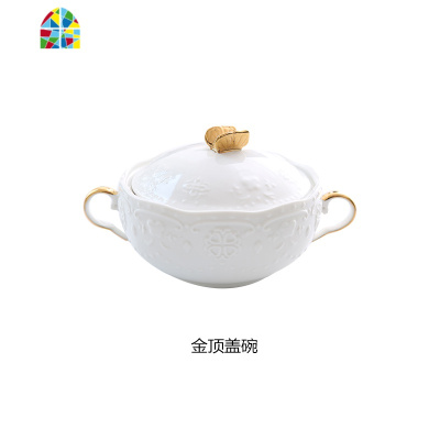 欧式浮燕窝碗描金双耳碗糖水甜品碗蒸蛋碗陶瓷燕窝盅银耳碗汤盅 FENGHOU 金顶盖碗+描金边长盘+金色勺