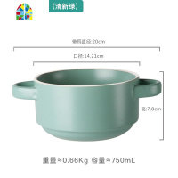 北欧风陶瓷双耳碗防烫单个家用汤面碗水果沙拉碗蒸蛋甜品碗 FENGHOU 清新绿带盖