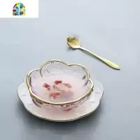 创意日式金边樱花玻璃碗 燕窝碗糖水银耳汤碗盅雪糕沙拉碗甜品碗 FENGHOU 金边粉碗+金圆碟送勺