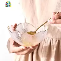 日式金边樱花玻璃碗 甜品碗燕窝碗创意糖水银耳汤碗盅雪糕沙拉碗 FENGHOU 两件(碗+勺)