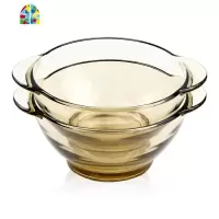 北欧玻璃碗茶色透明耐热双耳把手泡面碗汤沙拉碗甜品微波炉饭碗碟 FENGHOU 茶色双耳碗+平盘(2只组合装耐热)