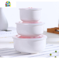 陶瓷保鲜碗三件套带盖饭碗饭盒便当盒泡面碗微波炉专用碗 FENGHOU 纯白3件套+袋子