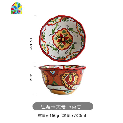 日式创意个性手绘陶瓷碗家用吃饭碗喇叭面碗大汤碗麦片碗沙拉圆碗 FENGHOU 绿波卡小号-4.75英寸