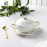 欧式燕窝小碗金边双耳蒸蛋碗陶瓷甜品糖水碗带盖套装鱼翅银耳汤盅 FENGHOU 金边款(方盘+盖碗+金勺)白色