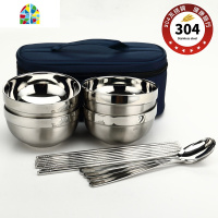 304不锈钢碗家用便携韩式碗双层防烫隔热成人筷勺套装餐具旅游装 FENGHOU (加大款)粉色四件套