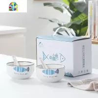 简欧碗碟套装家用吃饭碗勺套装礼品碗套装创意单个陶瓷碗礼盒装 FENGHOU 幸福小鱼六碗六勺两盘[14件套]