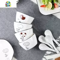 家用4人创意卡通猫咪碗套装 简约韩式碗碟碗盘筷可爱骨瓷餐具组合 FENGHOU 2碗2盘(图案随机)