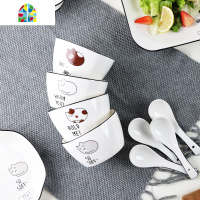 家用4人创意卡通猫咪碗套装 简约日式碗碟碗盘筷可爱陶瓷餐具组合 FENGHOU 4个方深盘