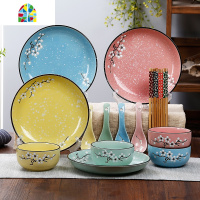 日式创意陶瓷碗筷盘子套装餐具套装组合吃饭米饭碗盘碗碟套装家用 FENGHOU 雪梅绿色4碗4勺4筷4盘16头自用装
