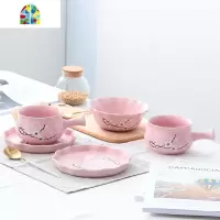 日式陶瓷早餐具套装家用雪花盘子可爱碗碟饭碗带手柄泡面碗 FENGHOU 波点(黄色)五件套 5件