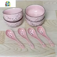日式创意碗勺套装家用餐具陶瓷碗碟组合4碗4勺多彩米饭碗小勺汤匙 FENGHOU 4.25英寸绿碗绿勺送筷 8件
