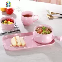 一人食4件套波点餐具碗碟套装家用水果沙拉碗带把烤碗拉面碗汤碗 FENGHOU 荧光绿森林绿