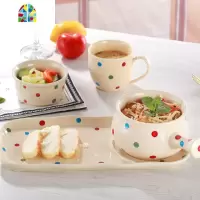 早餐组合餐具碗碟套装创意手柄碗汤碗碗筷碗盘家用个性一人食单人 FENGHOU 波点早餐4件套A-粉彩