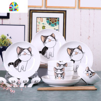碗碟套装米饭碗 碗盘餐具家用简约可爱卡通护边陶瓷盘子碗筷 FENGHOU 可爱猫55头[品锅款]