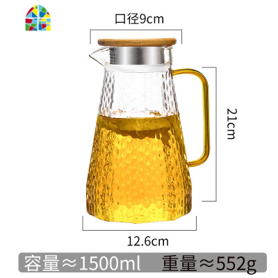 封后冷水壶玻璃可高温凉水壶家用水杯套装大容量凉白开防爆泡茶壶扎壶 FENG 2000ML锤纹冷水壶+2只蘑菇杯[500m