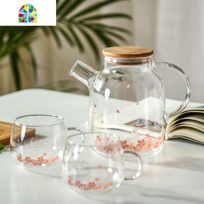 。日式冷水壶家用透明玻璃壶花茶壶泡茶耐热果汁壶凉水壶水杯具套 FENGHOU 一条鱼大号+4杯