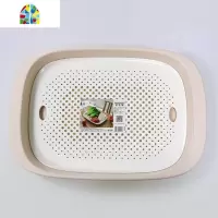 双层洗菜篮子塑料长方形厨房淘米家用洗菜盆客厅创意水果盘 FENGHOU 灰色方形双层沥水盘(MBL-1179)